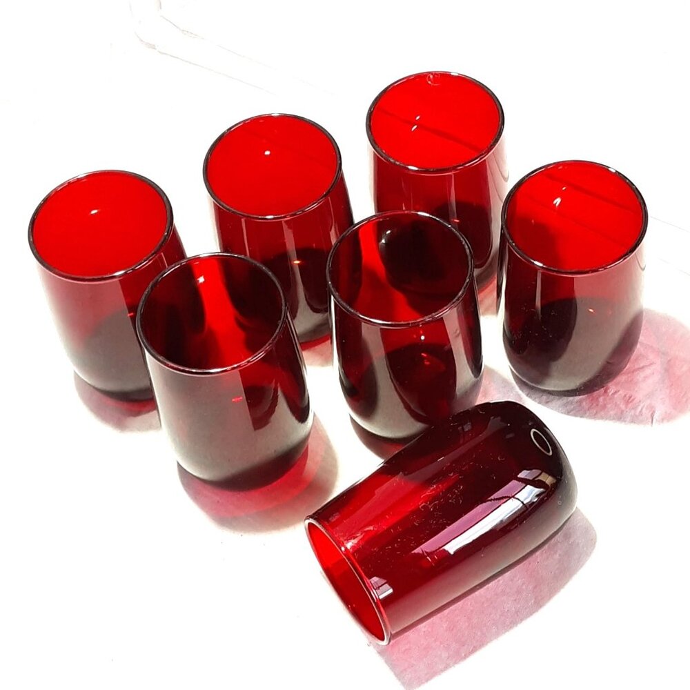 Ruby Rolly Polly 7 Red Juice Glasses Anchor Hocking 6 oz Retro MCM